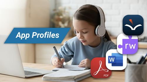 Photo shows a young girl wearing headphones sitting in front of a laptop. Text reads 'App Profiles'.